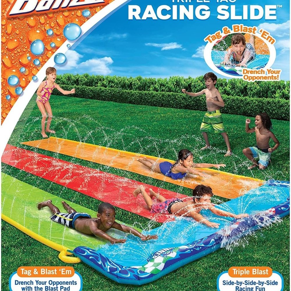 BANZAI 16 Feet Triple Tag Racing Water Slide - Side-by-Side-by-Side Racing Fun!,